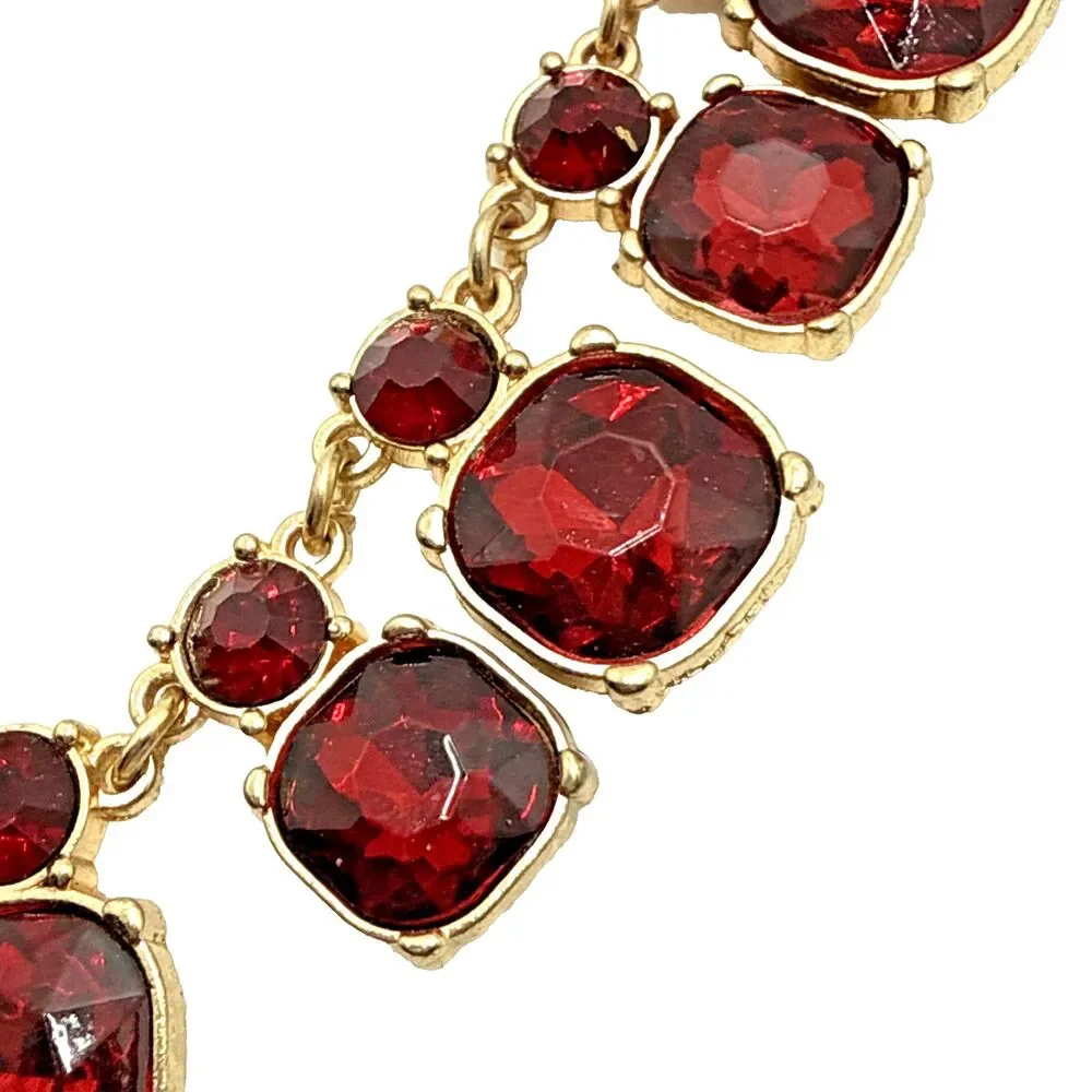 Vintage Red Crystal Rhinestone Statement Collar Necklace Gold Tone Statement 22”